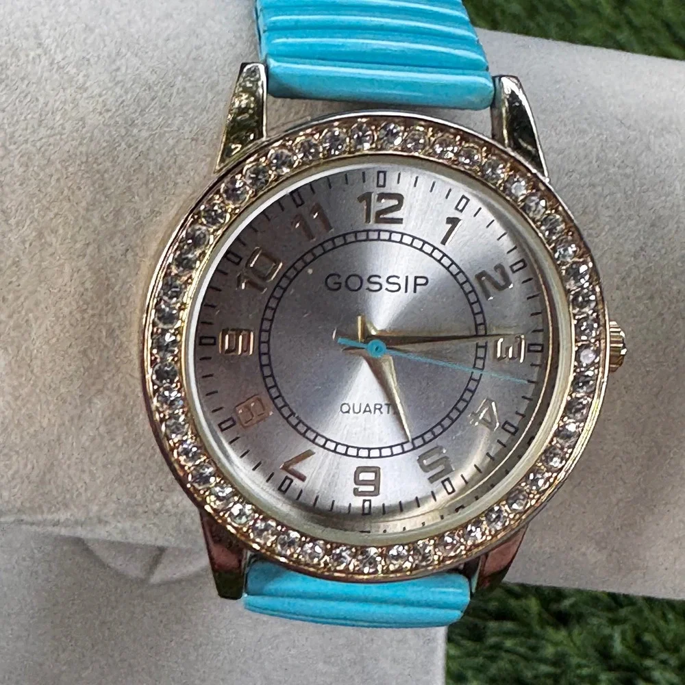 New Gossip Gold Rhinestone Bezel Silver‎ Dial Turquoise Band Women's Watch